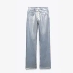 ZARA ミッドライズストレートレッグ　メタリック　TRF シルバー　ジーンズ