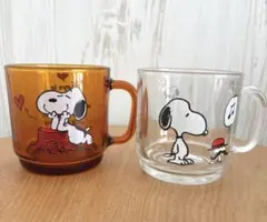 新品　DURALEX スヌーピー　ガラスマグカップ　2個　ブラウン　クリア　食器