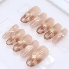【188】ネイルチップSサイズ ベージュ チェック グラデ ブラウンマグネット