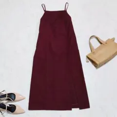 ナノユニバース キャミワンピース バックリボン タイト スリット バーガンディ