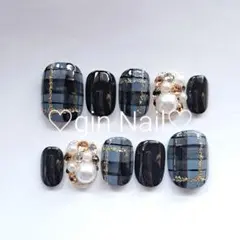 ネイルチップ　オーダー　ワンホン　現品　ベリーショート　チェック　ブルーグレー