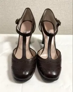 【美品】L'AUTRE CHOSE ダークブラウン レザー Tストラップヒール