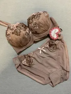 E65M 花柄刺繍　ブラ＆ショーツセット　ブラウン