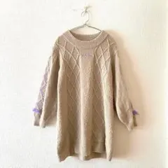 ☆【ジェニィラブ】ニットワンピース 袖リボン ケーブル編み 刺繍ロゴ 140