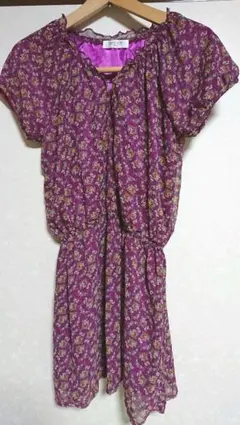 オフオン ワンピース　チュニック 花柄 パープル　ピンク　春　夏　M