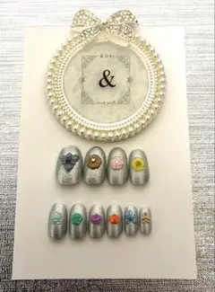 ≡ネイルチップ・連番10枚フルセットOM≡◆3D・小花シルバー◆&10S
