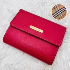 【良品】 バーバリー　ノバチェック　折り財布　ロゴプレート　レザー　赤のサムネイル