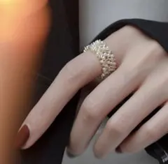 パール×ジルコニア オープンリング　上品　ゴールド フリーサイズリング　新品