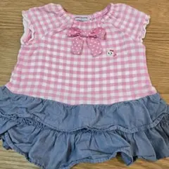 80【ミキハウス】半袖 Tシャツ うさぎ チェック ピンク フリル リボン