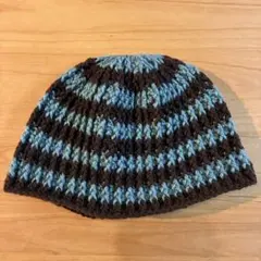 茶色と青のストライプ　ニット帽　ビーニー　キッズ