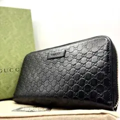 グッチ 長財布 マイクロシマ ラウンドファスナー ブラック レザー 箱 保存袋