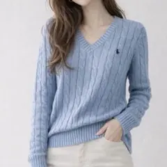 【新品タグ付】ラルフローレン ケーブルニット ブルーVネック春カラーS