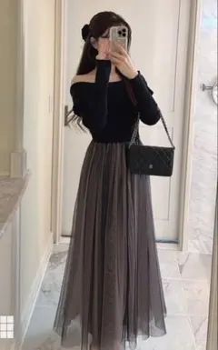 オフショルニットチュールフレアワンピース dr744 グレイル GRL Sサイズ