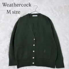 ニットカーディガン M ダークグリーン 刺繍ロゴ ポケット Vネック