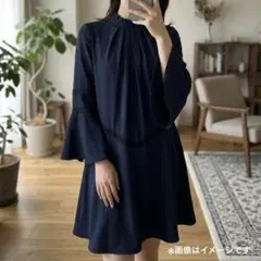 極美品 ロイスクレヨン フリルネック ベルスリーブ ワンピース レース M 紺