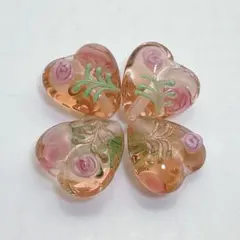dr613/new！ランプワークビーズ★ハートの中にお花模様　オレンジピンク4個