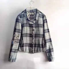 ウール混紡 ノーカラーチェックジャケット
