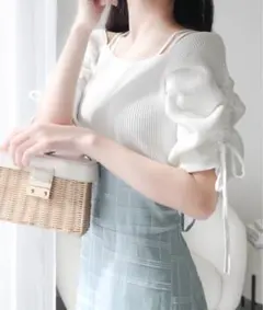 mily bilet オフショル2wayパフ袖リボンニットドッキングワンピース