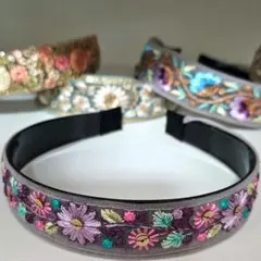 インド刺繍リボン　花柄パープル　カチューシャ