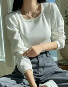 SHEIN リブニット パフスリーブ Tシャツ 秋服 長袖 レディーストップス