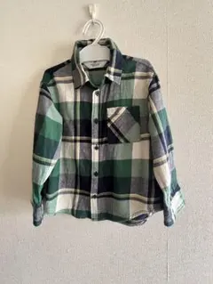 H&M 緑系チェック柄長袖シャツ 4-5Y