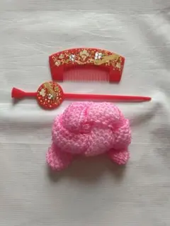 成人式　舞台　踊り用　赤い櫛とピンクの髪飾りセット