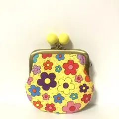 イエロー/カラフルなレトロフラワー柄のがま口(イエロー玉付)
