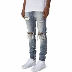 正規品 mnml ストレッチ 袖ZIP ダメージクラッシュデニム