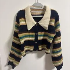 ストライプ襟付きクロップドニットカーディガン