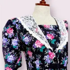 vintageヴィンテージワンピース花柄総柄レース襟ガーリーレトロUSA海外古着