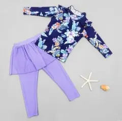 130〜140cm子供用水着 花柄ハイビスカス長袖ラッシュガードスカートレギンス