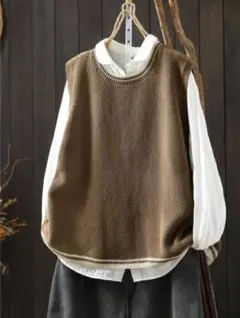 カーキ ニットセーター トップス 重ね着風 綿100％ ニットベスト チュニック