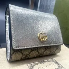 限定モデル✨グッチ 折り財布 シルバー GGスプリーム×レザー マーモントGG