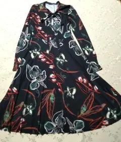ZARA ザラ ストレッチ素材 花柄ボータイリボン ロングワンピース M