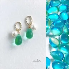 379｜オフェリア ブルー しずく ガラス パール ピアス イヤリング 小ぶり