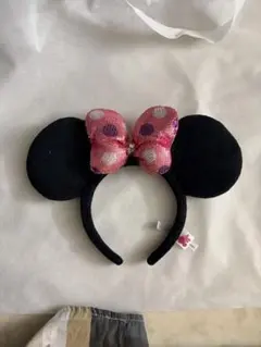 ミニーマウスカチューシャ　スパンコールリボン　ピンク