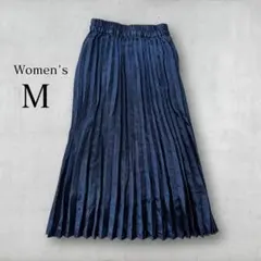 【美品】光沢サテン プリーツロングスカート ネイビー M ウエストゴム