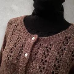 SM2サマンサモスモス モヘア混 レース編み 5分袖カーディガン ブラウン