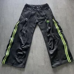 adidas ストライプ ワイドパンツ 黒/緑　リメイク　再構築
