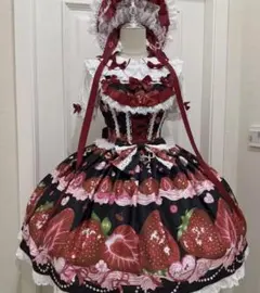 いちご柄　ロリータ　ドレス ワンピース　ジャンスカ　黒