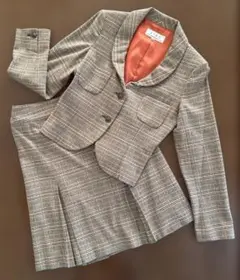 【セットアップ】茶系チェック柄　丈短ジャケット、膝丈台形スカート　40 秋冬