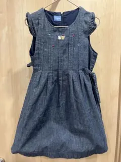 【美品】ファミリア120 ジャンパースカート デニム 刺繍 ワンピース