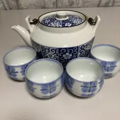 青い花柄急須と茶碗セット