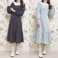 小花柄襟レースワンピース