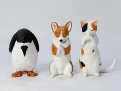コーギー、三毛猫、ペンギン 「合掌 」3体