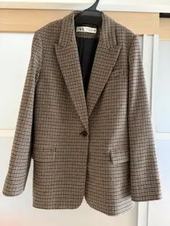 ZARA ウール混 チェック テーラードジャケット エルボーパッチ付 M