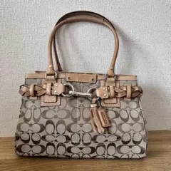 COACH ベージュ シグネチャー ロゴ柄 レザー ハンドバッグ