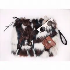 送料無料★ファー クラッチ バッグ ミックス 2WAY ショルダー ブルー