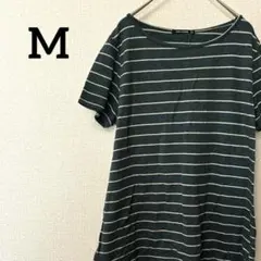 バックボタン ボーダーカットソー 半袖 トップス Tシャツ 深緑