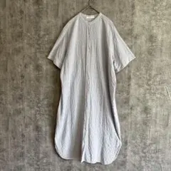 レディース　バンドカラーシャツワンピース　半袖　ストライプ　ブルー　ナチュラル